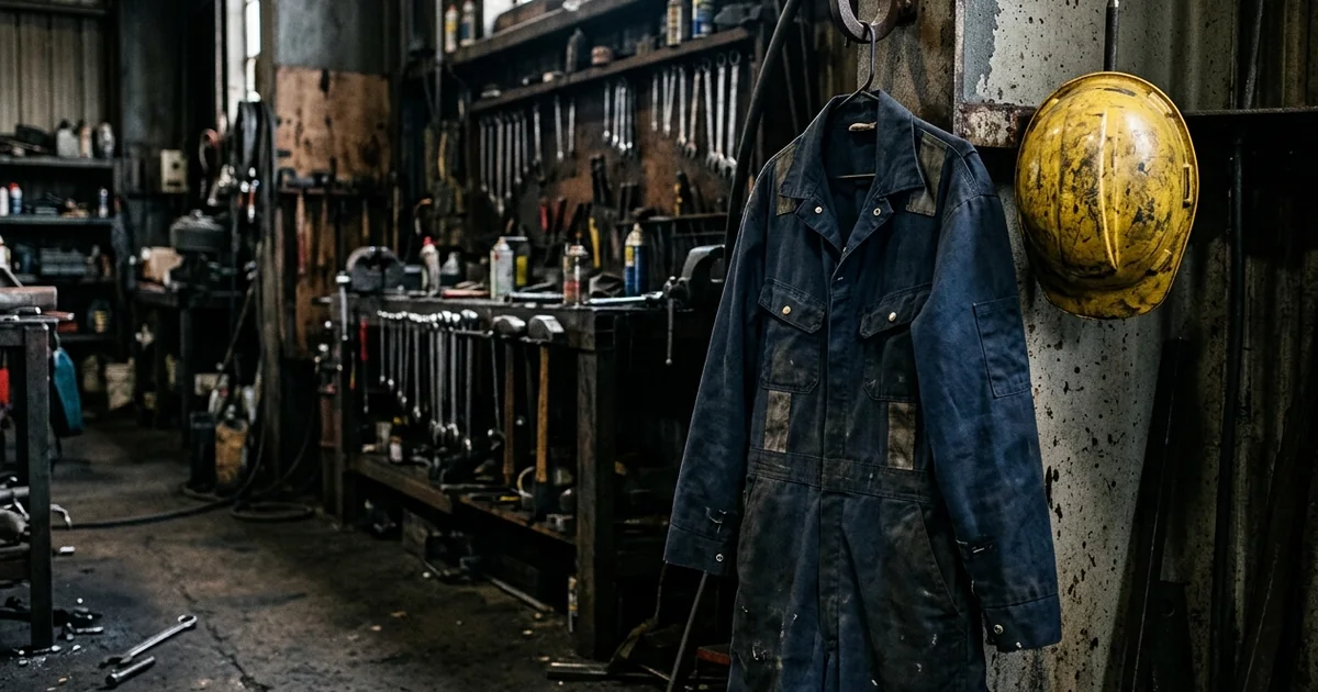 Flame-resistant coveralls hanging in an industrial workshop beside a hard hat