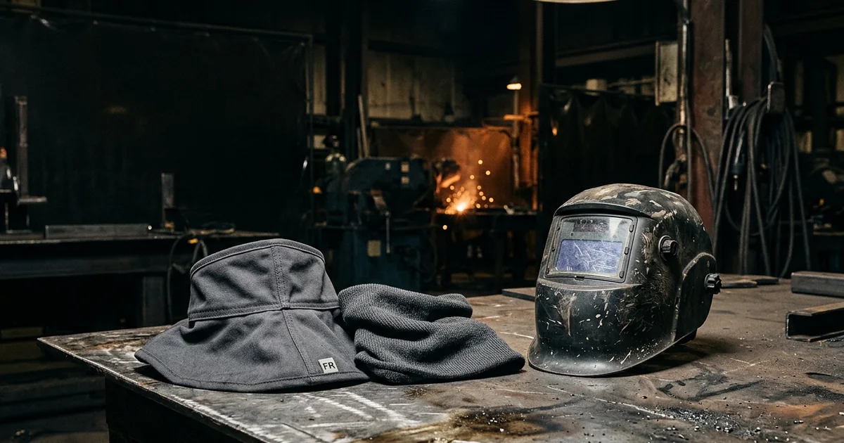 Flame-resistant welding face shroud and FR neck gaiter on a steel workbench near a welding helmet