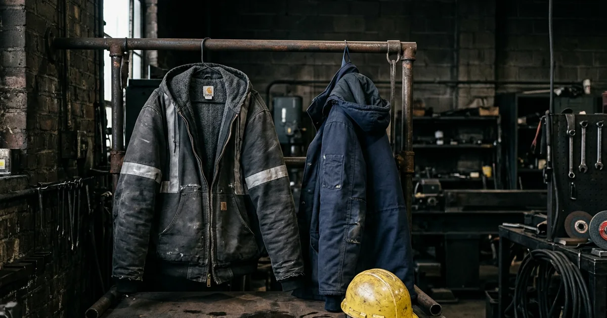Flame-resistant insulated work jackets on a rack in an industrial workshop