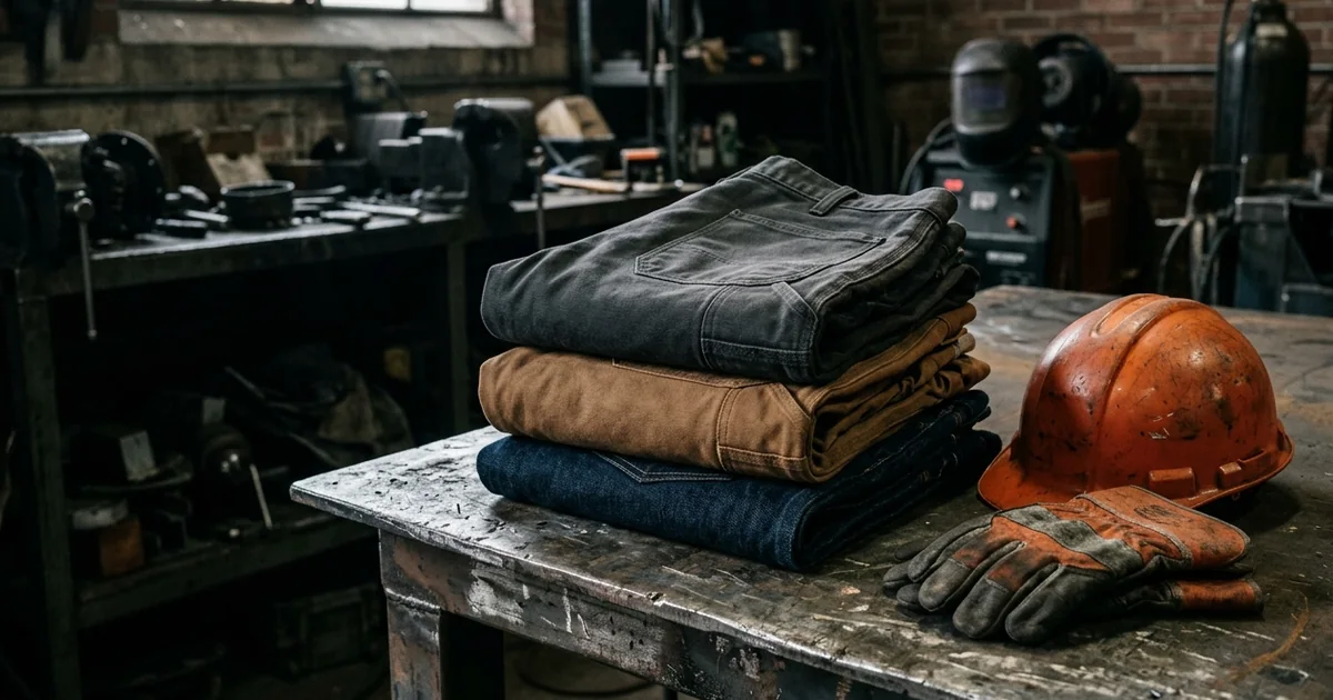 Flame-resistant work pants folded on a workbench beside a hard hat
