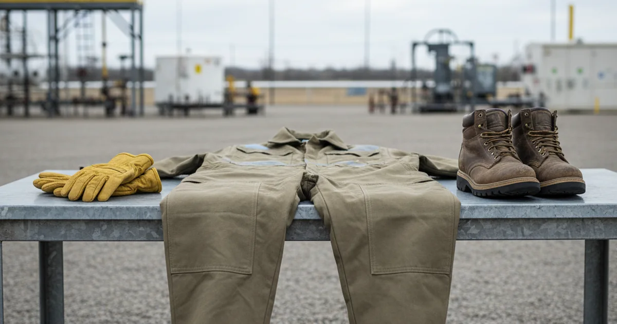 A khaki women's-cut flame-resistant coverall laid over a steel beam beside work boots and gloves at an oilfield site