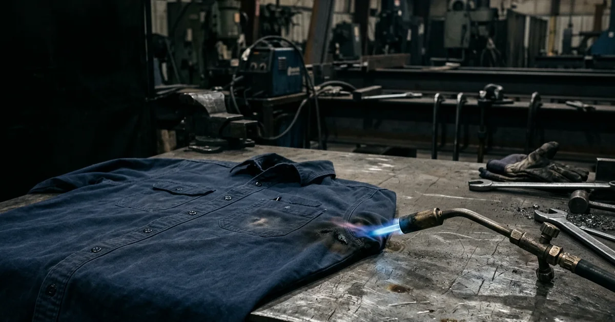 A flame-resistant work shirt beside a small controlled flame showing self-extinguishing fabric, dark industrial backdrop