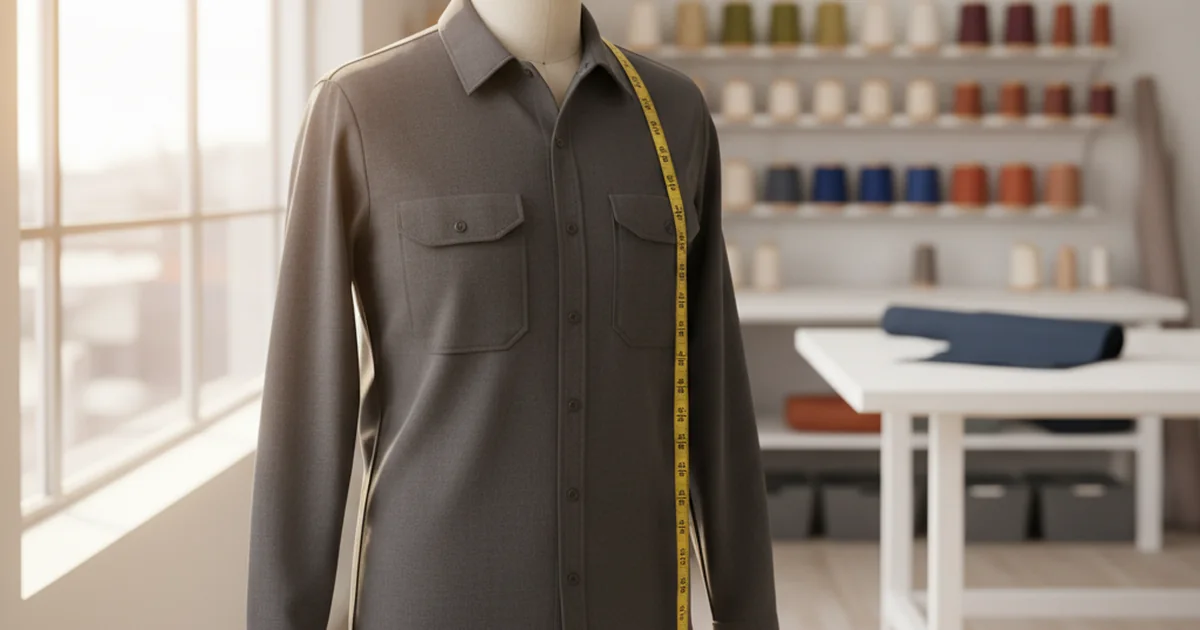 A flame-resistant work shirt fitted on a tailor's dress form with a tape measure draped over the shoulder