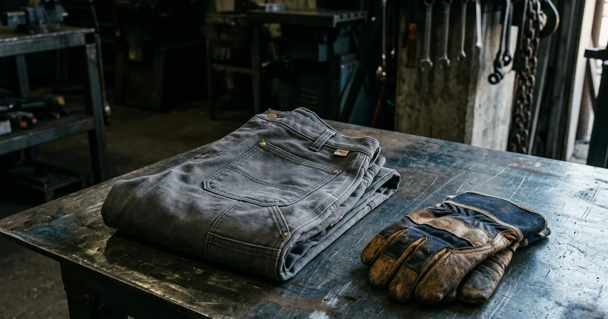 Women's flame-resistant work pants folded on an industrial workbench