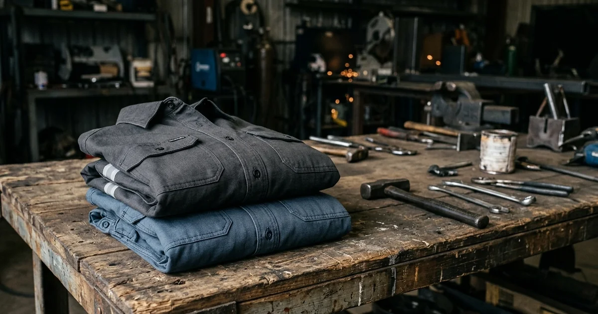 Women's flame-resistant work shirts folded on an industrial workbench